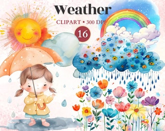 Weather Clipart, Kawaii Weather, Rainy Day, Cute Sun Clipart, Cloud Png, Designer Umbrella, Watercolor Umbrella