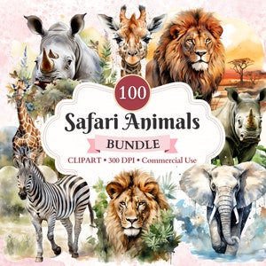 Pacchetto clipart animali Safari, leone, elefante, giraffa, animale della savana, fauna africana, clipart della giungla, immagine della natura