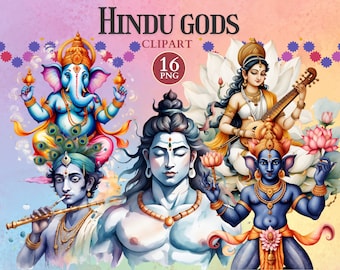 Peut inclure: Illustration numérique de dieux hindous, notamment Ganesha, Shiva, Saraswati et Vishnu. Les dieux sont représentés dans un style coloré et vibrant, avec des détails complexes et une imagerie symbolique. L'image est placée sur un fond rose, violet et bleu.