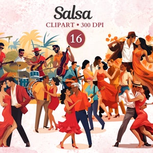 May include: A set of 16 colorful illustrations of people dancing salsa. The illustrations are in a cartoon style and feature a variety of people in different poses. The illustrations are set against a background of palm trees and a pink sky.