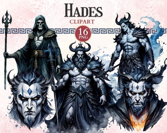 May include: Digital clipart set featuring four illustrations of Hades, the Greek god of the underworld. The illustrations depict Hades in various poses, including a full-body portrait, a close-up of his face, and a depiction of him holding a trident. The illustrations are rendered in a dark and dramatic style, with a focus on detail and realism.