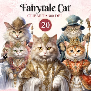 Imágenes prediseñadas de gato de cuento de hadas, imagen de gato victoriano, historia de fantasía, cuento de hadas vintage, imagen mágica png, libro de chatarra