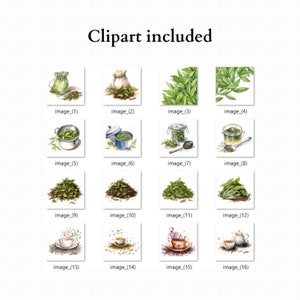 May include: A collection of 16 watercolor illustrations of tea leaves, tea bags, teapots, and teacups. The illustrations are in a vintage style and feature a variety of colors, including green, brown, and white.