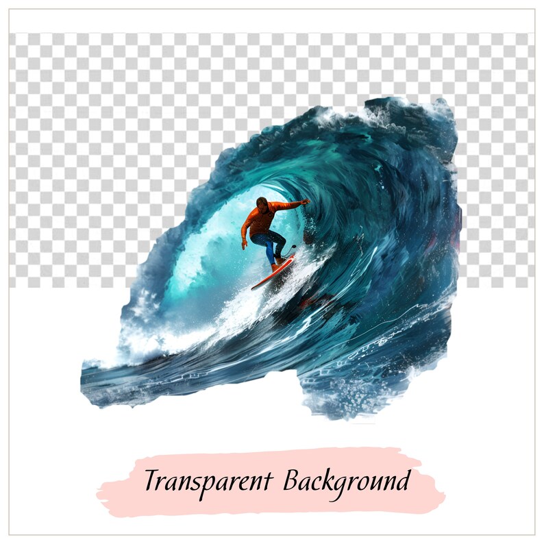 May include: A surfer rides a large, blue wave. The wave is breaking and the surfer is in the barrel. The background is a transparent checkered pattern.