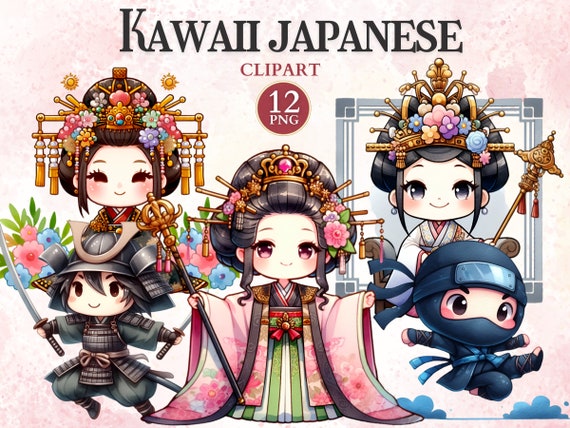 Kawaii Japanese Clipart, Japanese Culture, Female Warrior Art, Kimono Png, Chibi Clipart, Kawaii Printable Stickers, Cute Ninja