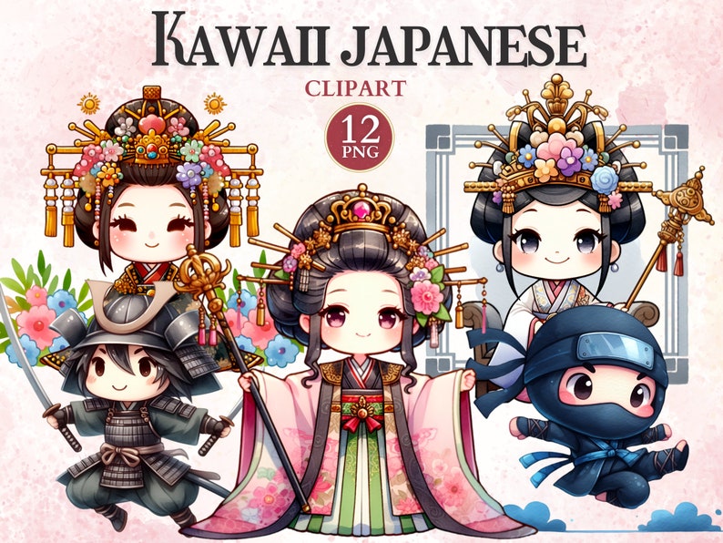 May include: Kawaii Japanese Clipart featuring 12 PNG images of characters in traditional Japanese clothing. The characters include a samurai, a ninja, and three women in elaborate headdresses and kimonos.
