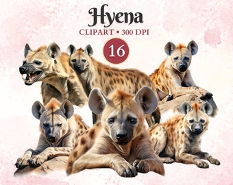 May include: A digital illustration of six spotted hyenas in various poses. The hyenas are depicted in a realistic style with detailed fur and markings. The background is a soft pink watercolor wash.