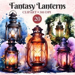 May include: A set of 20 fantasy lanterns with watercolour backgrounds. The lanterns are in various styles and colours, including black, brown, and purple. Each lantern has a glowing light inside.