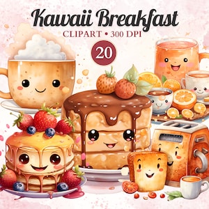 Kawaii Breakfast Clipart, Watercolor, Kawaii Food Clipart Set, Cute Food, Sweets, Eggs, Toast, Pancake, Transparent Png, Instant Download