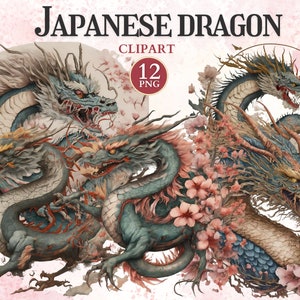 Japanse draak clipart, reis clipart, Japanse cultuur, culturele symbolen, culturele kunst, sakurabloem, ontwerp oosterse draak