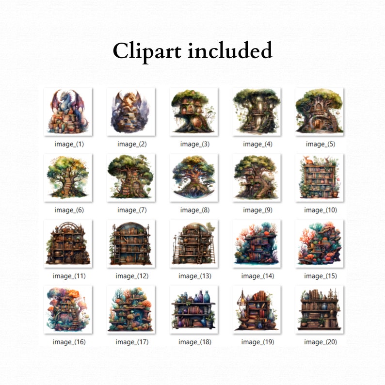 Op de afbeelding: Een verzameling van 20 digitale clipart-afbeeldingen met fantasierijke boomhutten, boekenkasten en fantastische wezens. De afbeeldingen zijn gemaakt in aquarelstijl met levendige kleuren en ingewikkelde details.