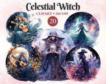 Niebiańska Wiedźma Clipart, Akwarela, Clipart Czarodziejski, Wiedźma png, Wiedźmy, Czary, Ephemera, Okultystyczny, Mistyczny, Bajkowy, Magiczna Fantastyka