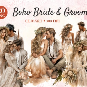 Boho bruid en bruidegom clipart, shabby bloemen bruiloft png, boho bruiloft clipart, boho paar, huwelijk png, transparante png, instant download