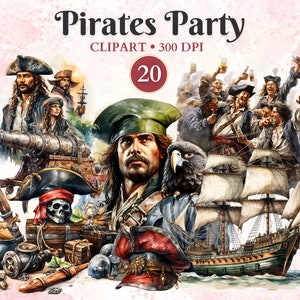Pirate Party Clipart, Pirates Clipart, Watercolor, Party, Birthday, Theme, Treasure, Fantasy, Scrapbooking, Invitation, Buccaneers, Png