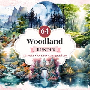 Puede incluir: Un paquete de arte digital con 64 imágenes prediseñadas con temática de bosque. Las ilustraciones de acuarela representan escenas de bosque serenas con montañas, ríos y un castillo. El paquete incluye imágenes para uso comercial.