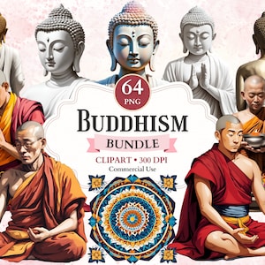 Pacote de clipart de budismo, meditação de monge, jardim asiático, arte budista, design de mandala, gráficos de meditação, clipart de ioga