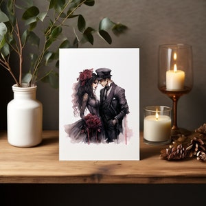 Puede incluir: Una pintura de acuarela de una pareja en un entorno de boda g&oacute;tica. La mujer lleva un vestido negro con una corona de rosas rojas y el hombre lleva un traje negro y un sombrero. Est&aacute;n sosteniendo un ramo de rosas rojas.