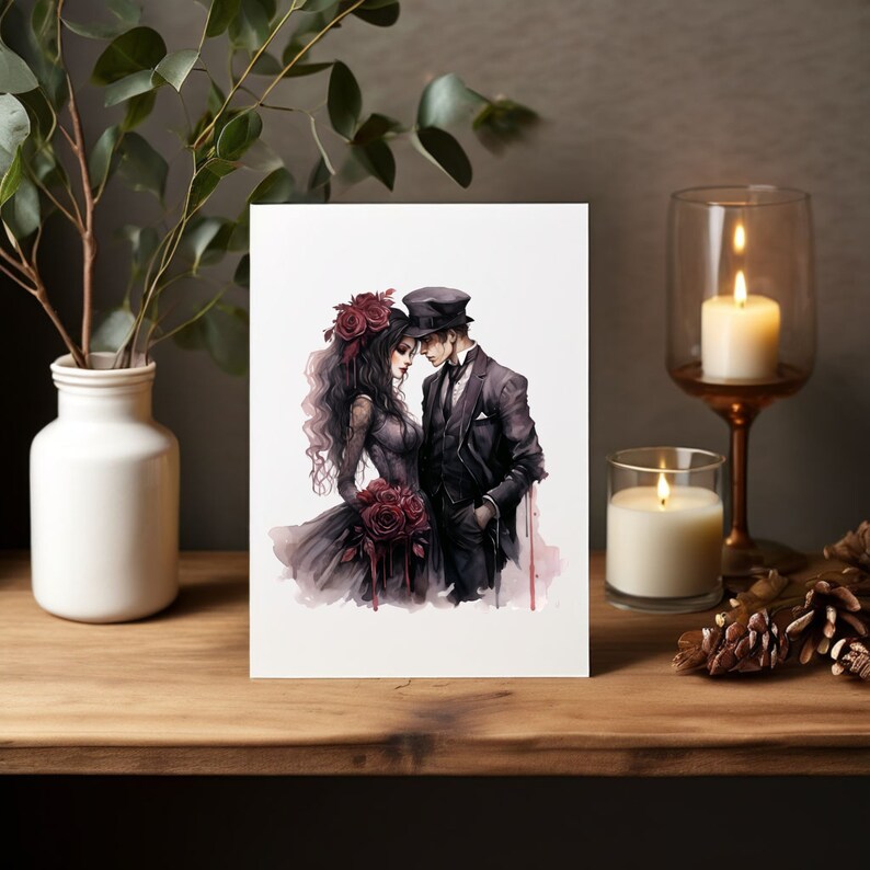 Puede incluir: Una pintura de acuarela de una pareja en un entorno de boda g&oacute;tica. La mujer lleva un vestido negro con una corona de rosas rojas y el hombre lleva un traje negro y un sombrero. Est&aacute;n sosteniendo un ramo de rosas rojas.