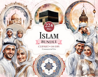 Islam Clipart Bundle, Islamic Png, Muslim Couple, Hijab, Masjid, Digital Quran, Arab, Crescent Moon Art, Kaaba painting