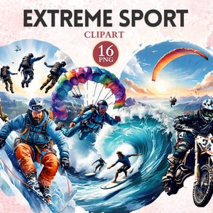 Clipart sport extrême, parachutisme, plongée, escalade, surf, snowboard, activité de plein air, sport d'aventure, graphisme sportif
