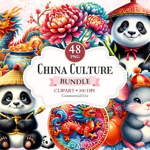 China Kultur Clipart Bundle, Drache Vektor, chinesische Laterne, Chinoiserie Muster, Löwentanz, Panda Grafik, asiatisches Design, chinesisches Symbol