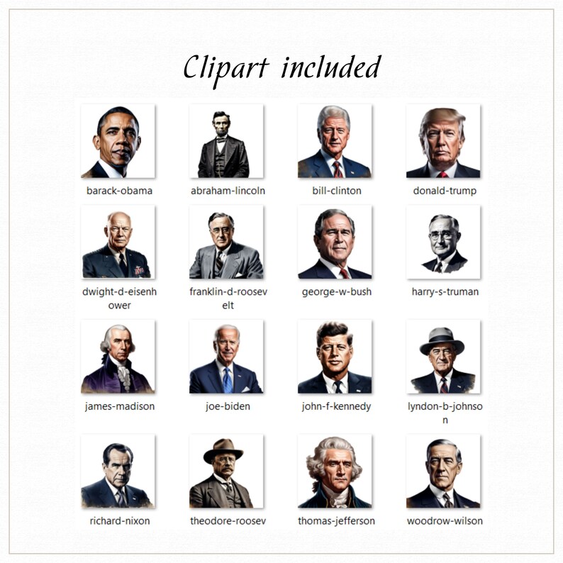May include: A collage of 12 images of former US presidents, each with a white background and a name label below. The presidents are shown in a grid format, with four rows and three columns. The presidents are: Barack Obama, Abraham Lincoln, Bill Clinton, Donald Trump, Dwight D. Eisenhower, Franklin D. Roosevelt, George W. Bush, Harry S. Truman, James Madison, Joe Biden, John F. Kennedy, Lyndon B. Johnson, Richard Nixon, Theodore Roosevelt, Thomas Jefferson, and Woodrow Wilson.