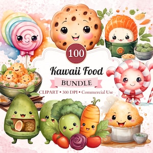 Lot de cliparts nourriture kawaii, aquarelle, nourriture mignonne, couple, pâtisserie, légumes, chinois, bonbons, png transparents, usage commercial