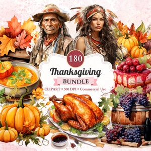 Pacchetto Clipart del Ringraziamento, Set, Cibo speziato alla zucca, Pellegrino, Nativi americani, Ciao Ringraziamento Png, Uso commerciale