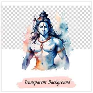May include: A watercolor painting of Shiva, a Hindu deity, with a blue body and long black hair. He is wearing a necklace and has a third eye on his forehead. The background is a watercolor wash of blue, orange, and yellow.