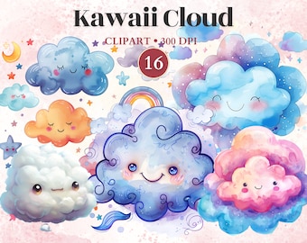 Kawaii Cloud Clipart, Fluffy Clouds, Rainy Day, Kawaii Weather, Cute Weather, Watercolor Sky, Sky Background