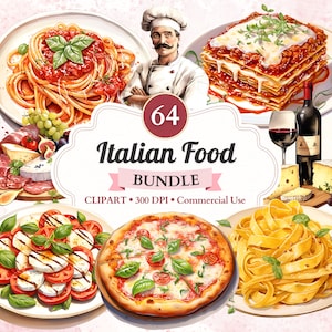 Clipart de comida italiana, pacote, clipart de macarrão, espaguete, vinho e queijo, clipart de pizza, clipart de culinária, vetor de comida, jantar