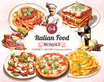 Italienisches Essen Clipart, Bundle, Pasta Clipart, Spaghetti, Wein und Käse, Pizza Clipart, Kochen Clipart, Essen Vektor, Abendessen