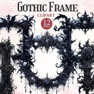 May include: Twelve black and white gothic style frames with ornate details, including roses, bats, skulls, and vines.  The frames are digital clipart.