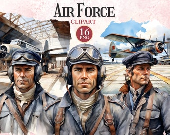 Puede incluir: Tres hombres con gafas de aviador y gorras se encuentran frente a un hangar con dos aviones antiguos. Los hombres visten chaquetas azules y tienen expresiones serias en sus rostros. Los aviones están pintados con un patrón de camuflaje y tienen estrellas rojas en sus alas. El texto "AIR FORCE CLIPART 16 PNG" es visible en la parte superior de la imagen.