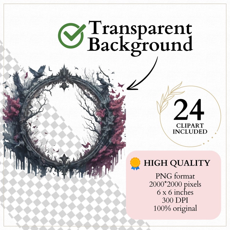 May include: A dark, circular frame with a gothic design, surrounded by a pink and gray floral pattern. The frame is dripping with a dark liquid. The background is transparent.
