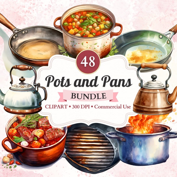 Pots and Pans Clipart Bundle, Cooking Pot, Pan, Tea Kettle, Cooking Clipart, Cooking Utensil, Kitchen Utensil, Cooking Png