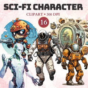 May include: A set of 16 digital illustrations of sci-fi characters. The characters include a robot, an astronaut, a space explorer, and a futuristic character with a gun. The illustrations are in a cartoon style and are perfect for use in digital projects.