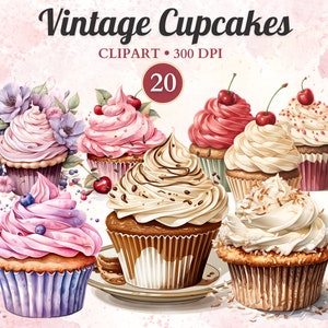 Vintage Cupcake Clipart, Cupcake Invitation, Png, Cake Clipart, Dessert Set, Bakery Graphics, Birthday, Sweet Treat, Party, Toppers, Food