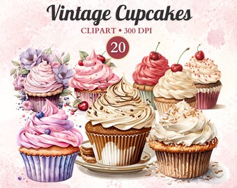 Vintage cupcake clipart, cupcake uitnodiging, png, taart clipart, dessertset, bakkerij graphics, verjaardag, snoepje, feest, toppers, eten