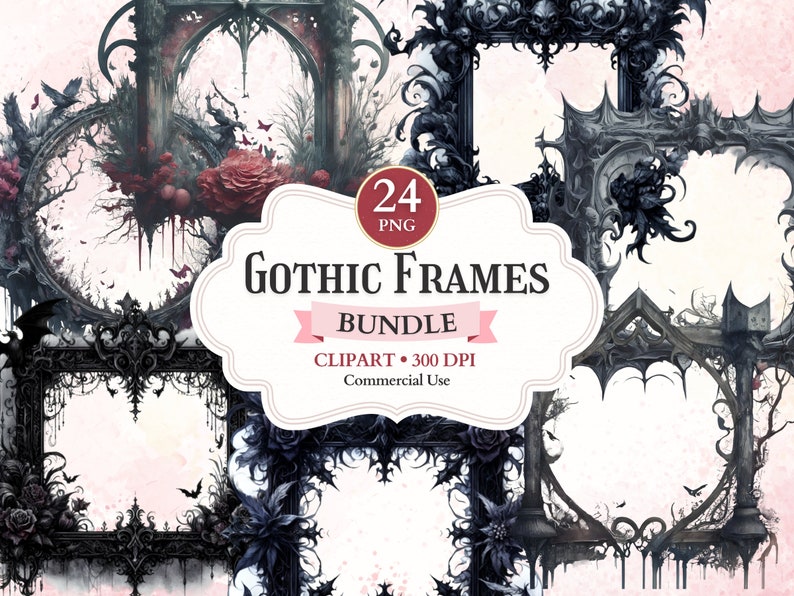 May include: A set of 24 gothic style frames in black and gray with intricate details. The frames are perfect for adding a touch of darkness and mystery to your projects.  The frames are 300 DPI and can be used for commercial purposes.