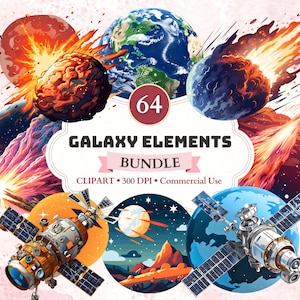 Puede incluir: Un conjunto de 64 elementos de clipart de la galaxia, que incluye planetas, estrellas, cometas y naves espaciales. El clipart es perfecto para crear diseños digitales, scrapbooking y otros proyectos creativos.