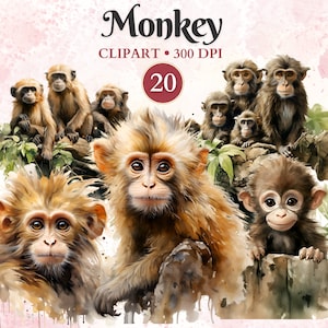 May include: A digital illustration of 20 watercolour monkeys in various poses. The monkeys are brown, tan, and grey with black eyes and noses. The background is a soft pink with white splatters.