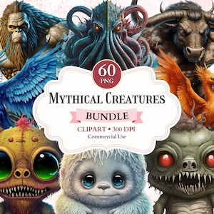 Paquete de imágenes prediseñadas de criaturas míticas, criaturas místicas, monstruos míticos, bestias mitológicas, animales mitológicos, álbum de recortes, PNG transparente
