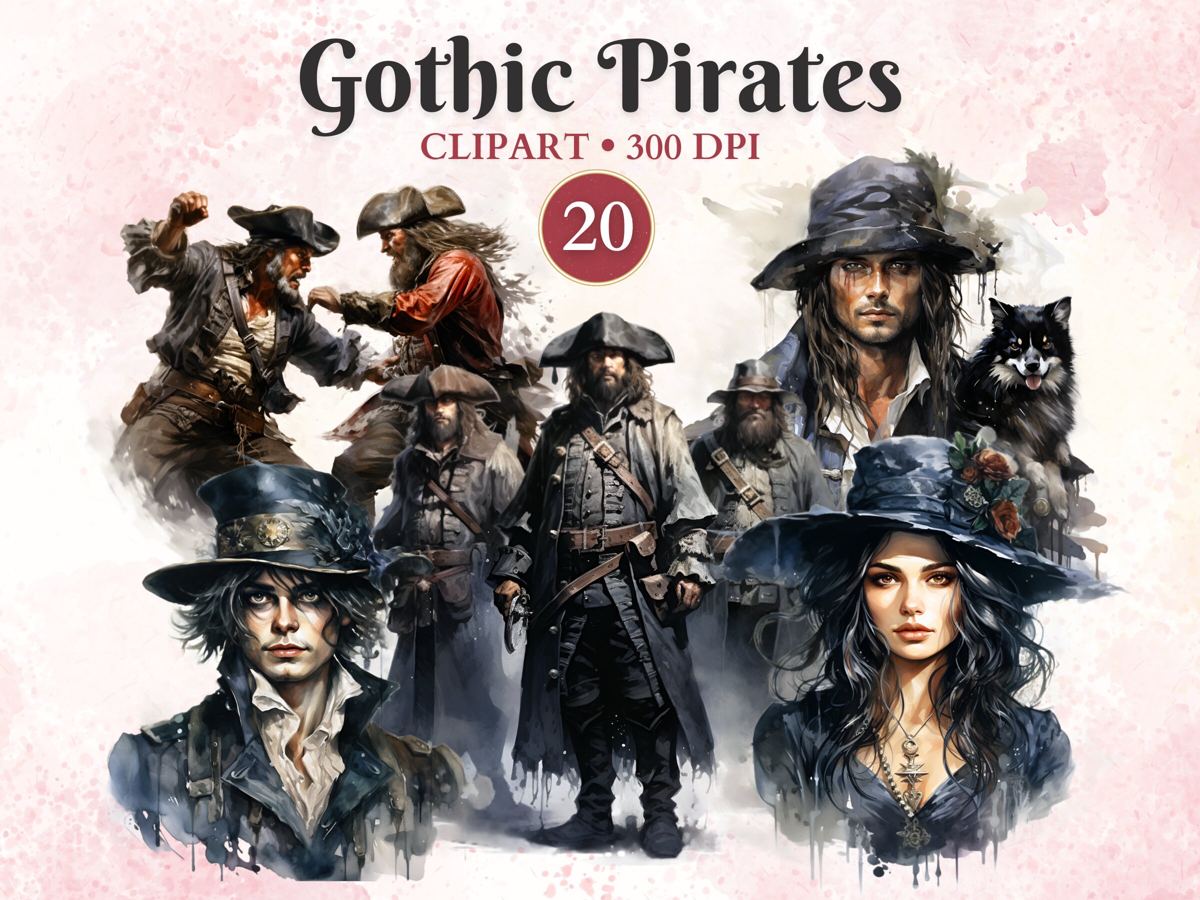 Gothic Pirates Clipart, Pirate Clipart, Watercolor, Party, Birthday ...