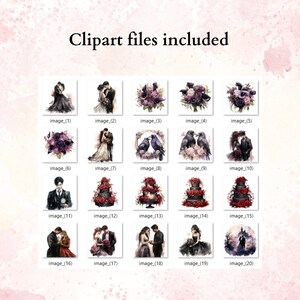 Puede incluir: Un conjunto de 20 im&aacute;genes de clipart digitales con un tema de boda g&oacute;tica. Las im&aacute;genes incluyen una pareja, flores, cuervos, pasteles y un castillo.