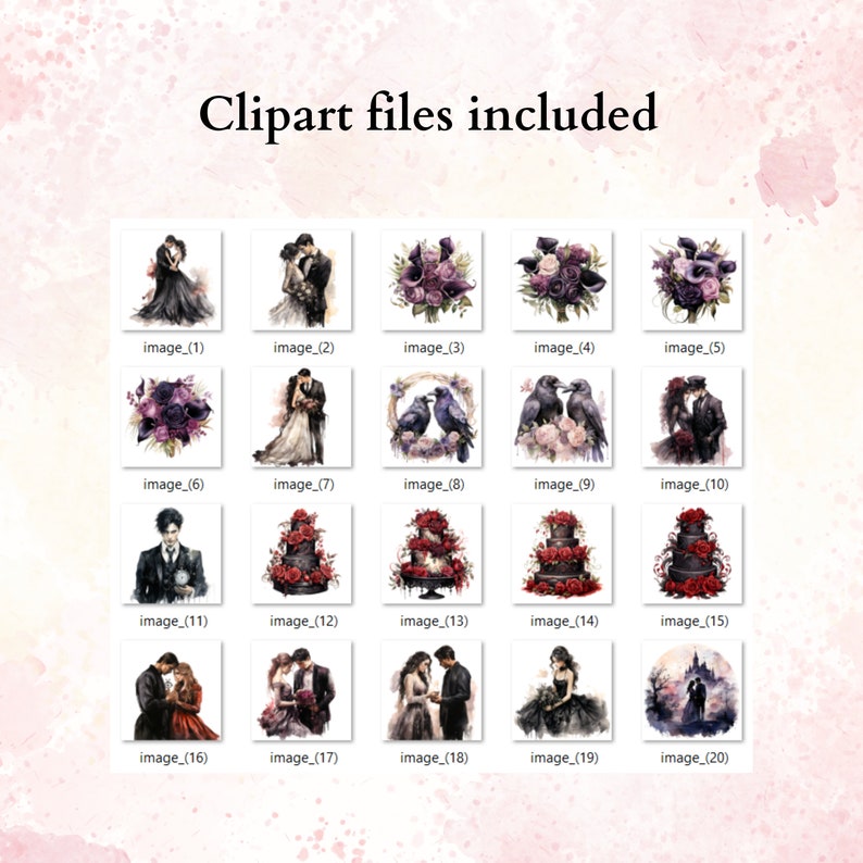 Puede incluir: Un conjunto de 20 im&aacute;genes de clipart digitales con un tema de boda g&oacute;tica. Las im&aacute;genes incluyen una pareja, flores, cuervos, pasteles y un castillo.