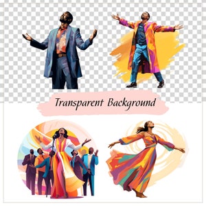 May include: A digital illustration of four people singing. The people are wearing colorful clothing and are surrounded by abstract shapes and swirls. The background is transparent.