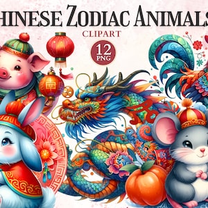 Clipart de animais do zodíaco chinês, vetor de dragão, símbolo de sorte, ano do coelho, ano novo lunar, estética chinesa, design asiático