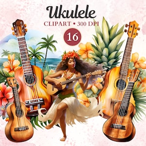 May include: A set of 16 watercolor clipart images featuring ukuleles, a woman playing a ukulele, and tropical flowers and plants. The images are perfect for creating digital or printed projects.