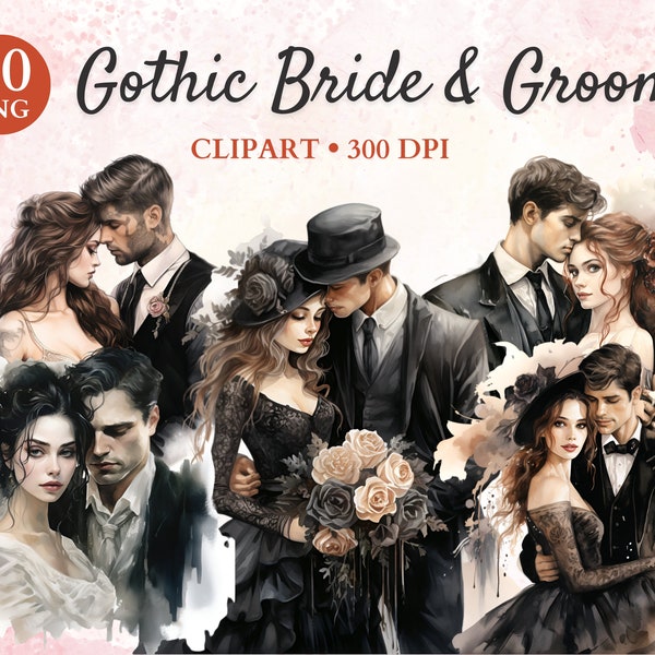 Gothic Bride and Groom Clipart, Gothic Couple Clipart, Goth Wedding PNG, Gothic Png, Marriage Png, Transparent Png, Instant Download